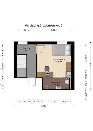 Indicatieve plattegrond met indeling van kamer 3.