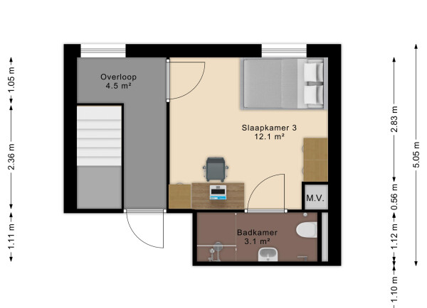 Indicatieve plattegrond met indeling van kamer 3.